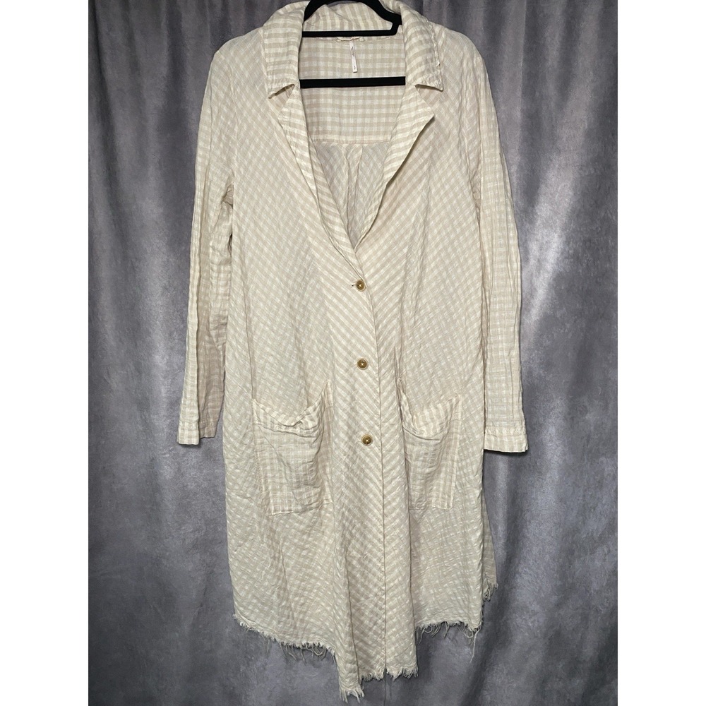 Free People Womens S Cream Neutral Gingham Cotton Linen Duster Coat Boho Raw Hem
